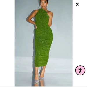 Pretty little thing Green Glitter Plisse Ruched One Shoulder Midi Dress size 6